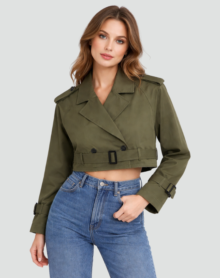 Women's Cropped Cotton Trench Coat with Regular Fit and Flattering Silhouette