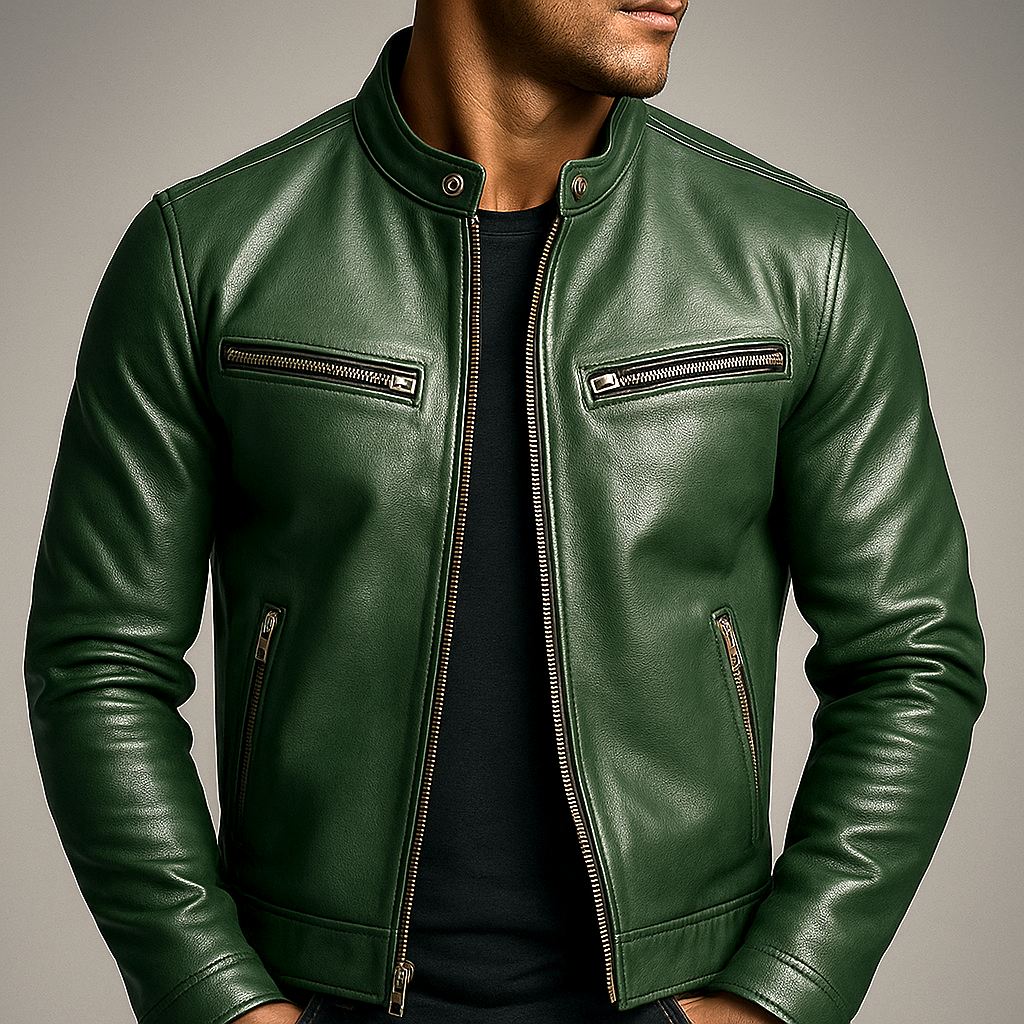 Men's Leather Jacket with Cotton Lining Vintage Style and Zip Closure