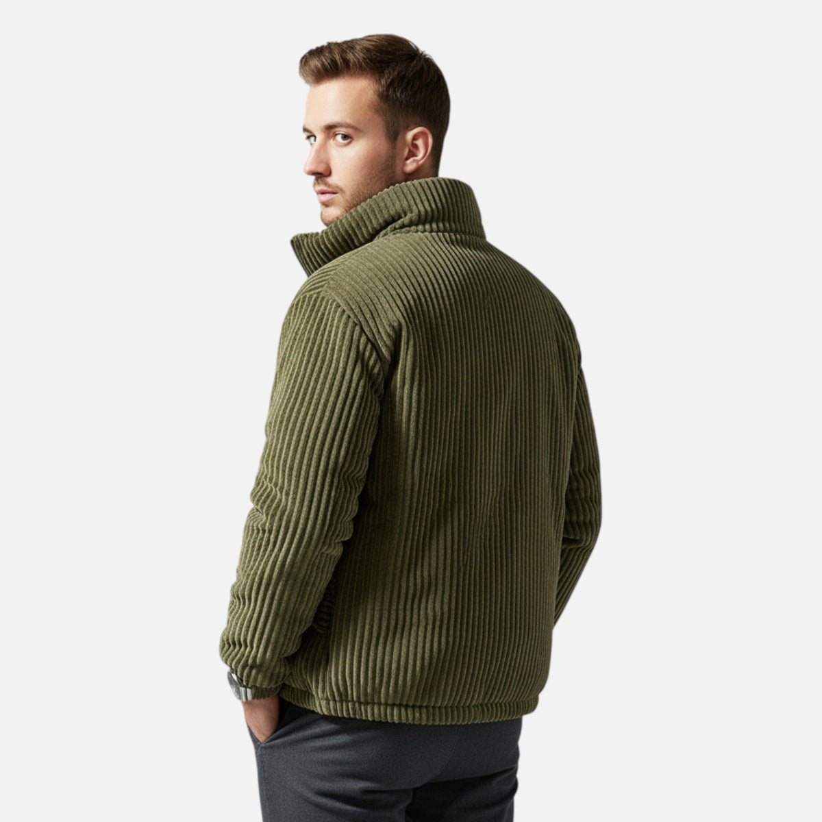 Men's Corduroy Parka with High Collar Quilted Design and Practical Pockets