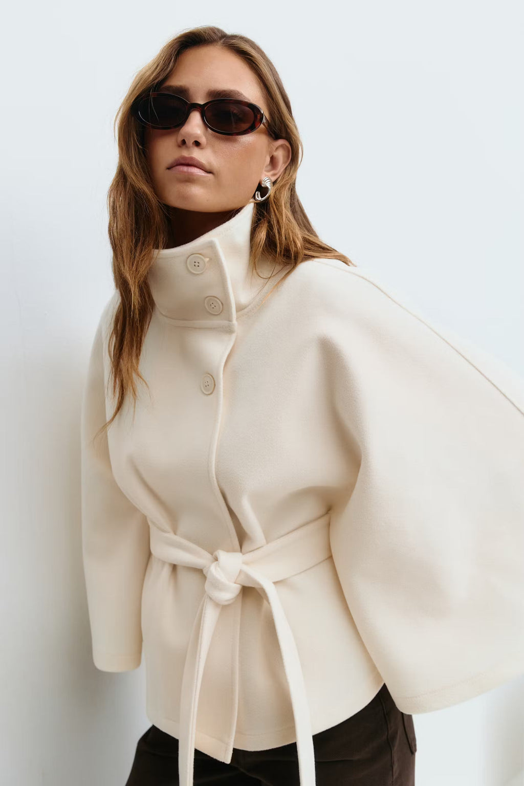 Women's Cape Coat with High Collar Button Closure and Tie Belt
