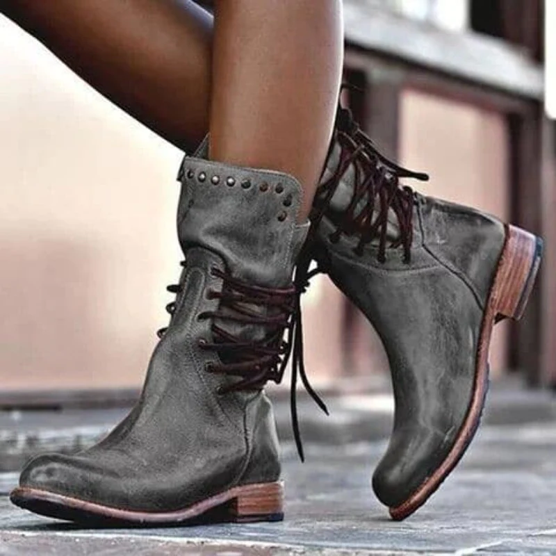 Women's Leather Ankle Boots with Lace Up Closure and Comfortable Sole
