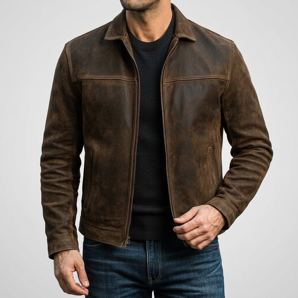 Men's Leather Jacket with Zip Closure and Fitted Lightweight Cut