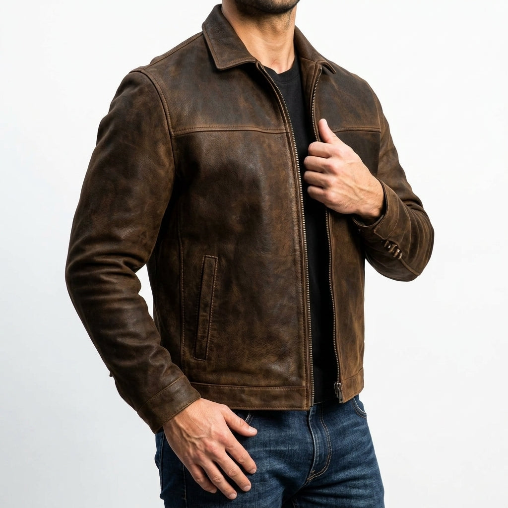 Men's Leather Jacket with Zip Closure and Fitted Lightweight Cut