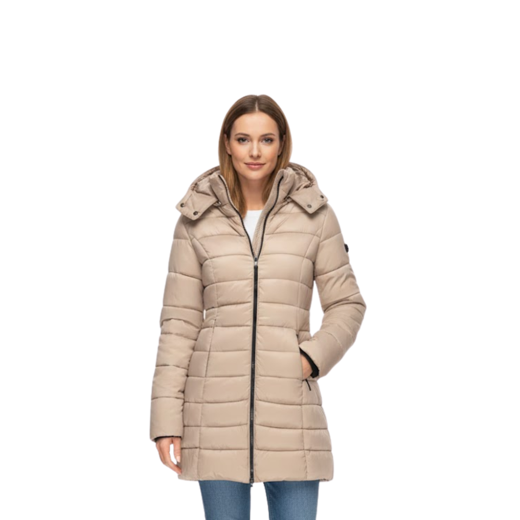 Women's Quilted Parka with Mid Length Cut Zip Closures and Functional Hood