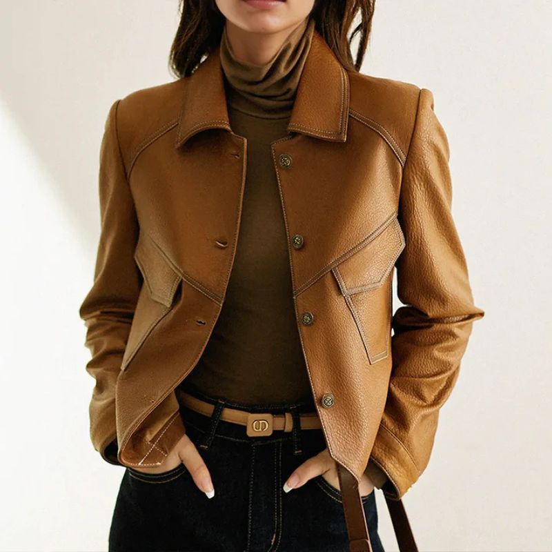 Women's Leather Jacket with Slim Fit Lapel Collar and Button Closure