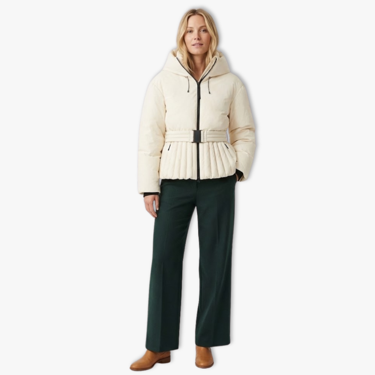 Women's Ski Jacket with Peplum Hem Waist Belt High Collar and Hood
