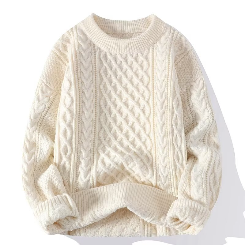 Women's Oversized Cashmere Sweater with Cable Knit Texture and Classic Round Neck