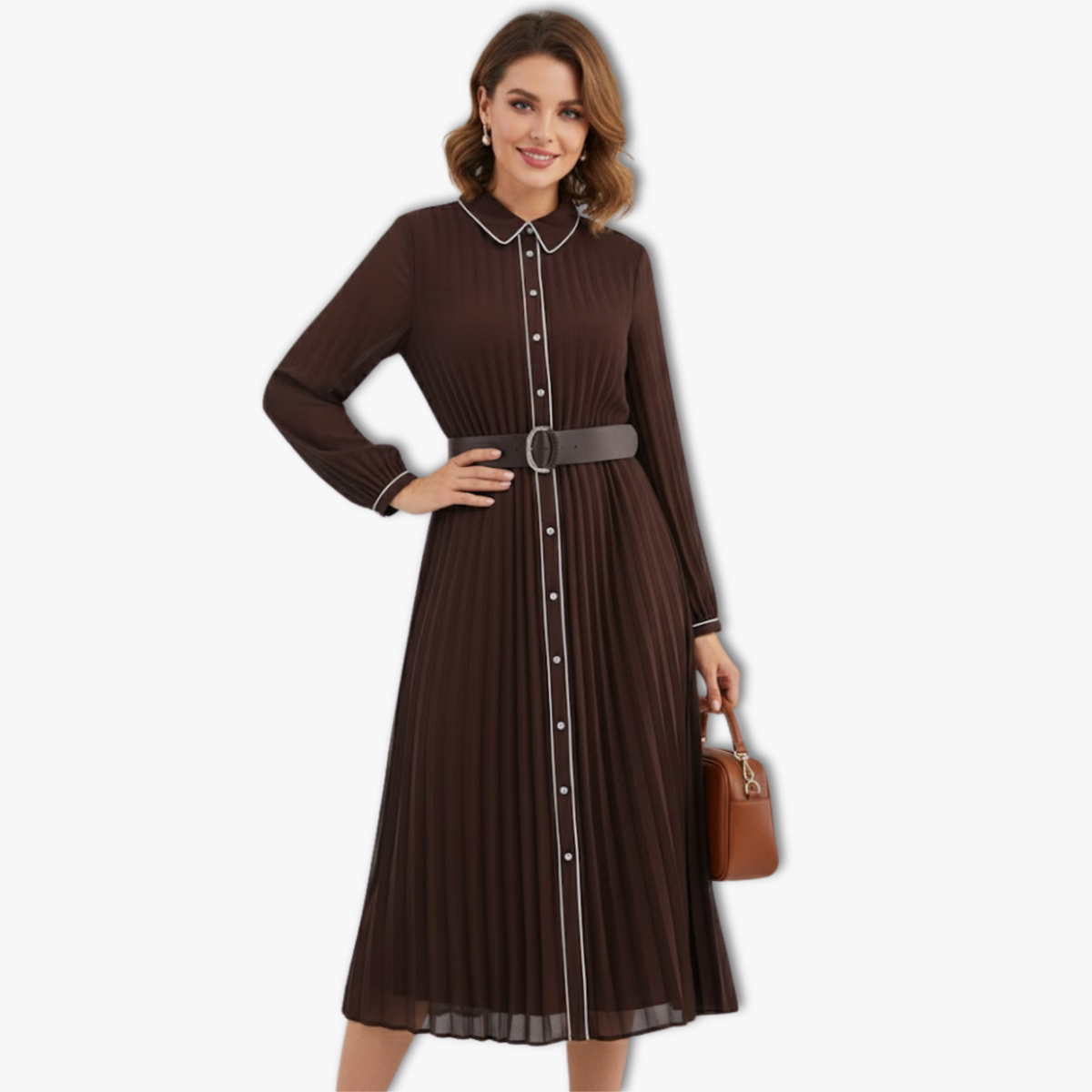 Pleated Midi Maxi Dress Women Long Sleeves With Belt Autumn