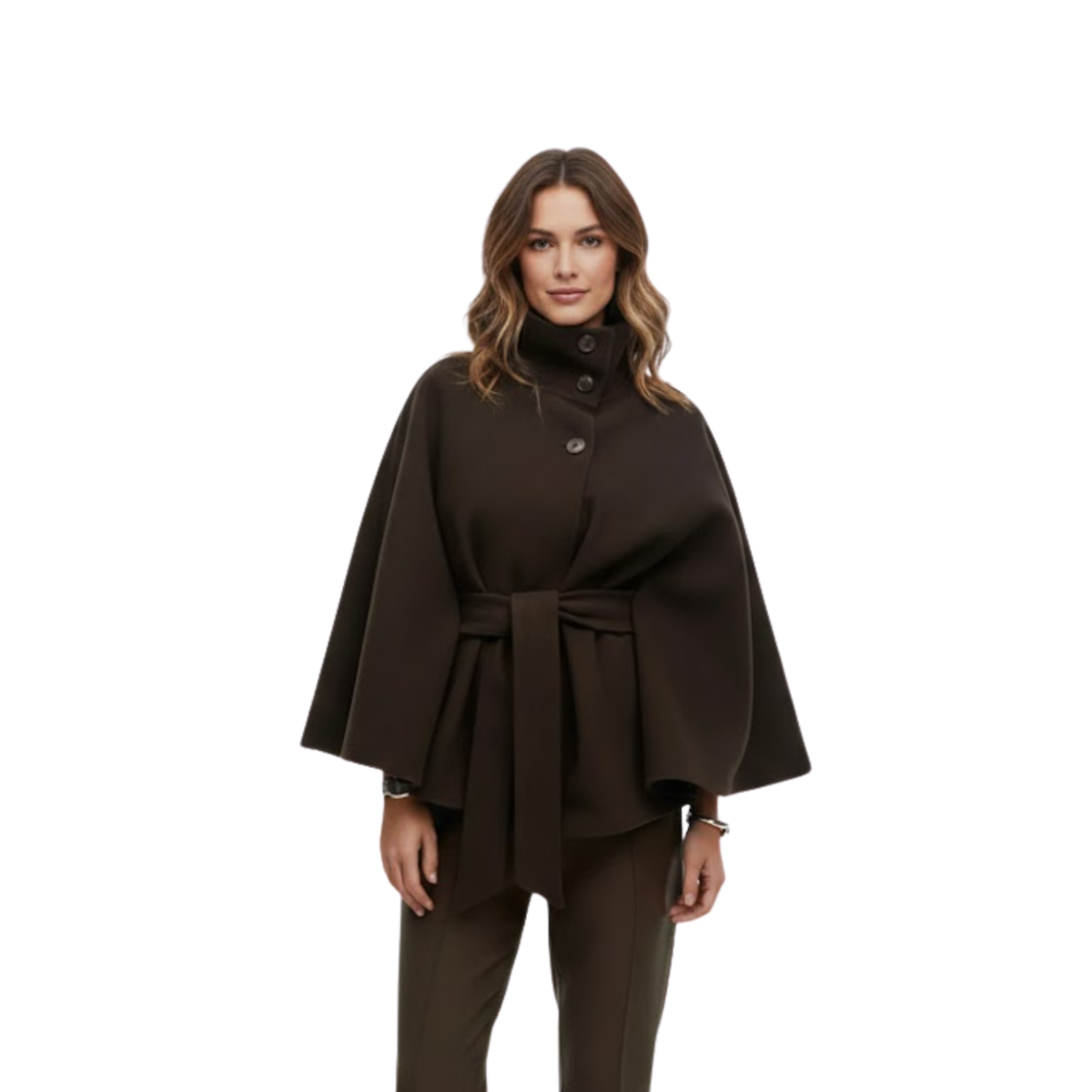Women's Structured Cape Coat with High Collar and Removable Belt