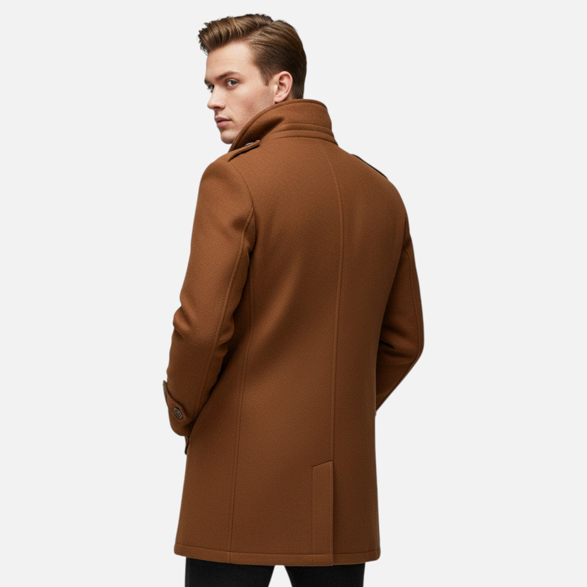 Men's Wool Blend Coat with Double Collar Fitted Cut and Functional Pockets