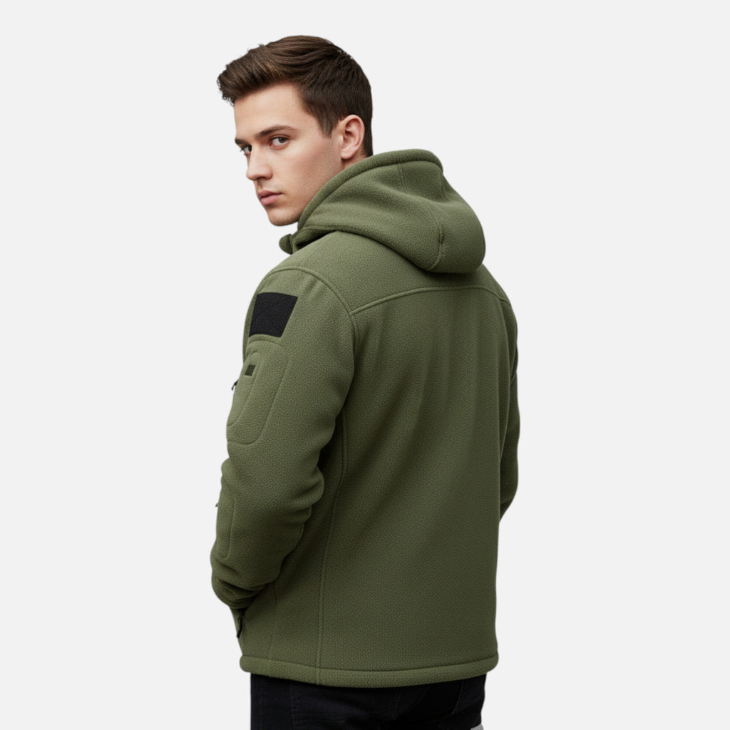 Men's Softshell Jacket with Fleece Lining Adjustable Hood and Zippered Pockets