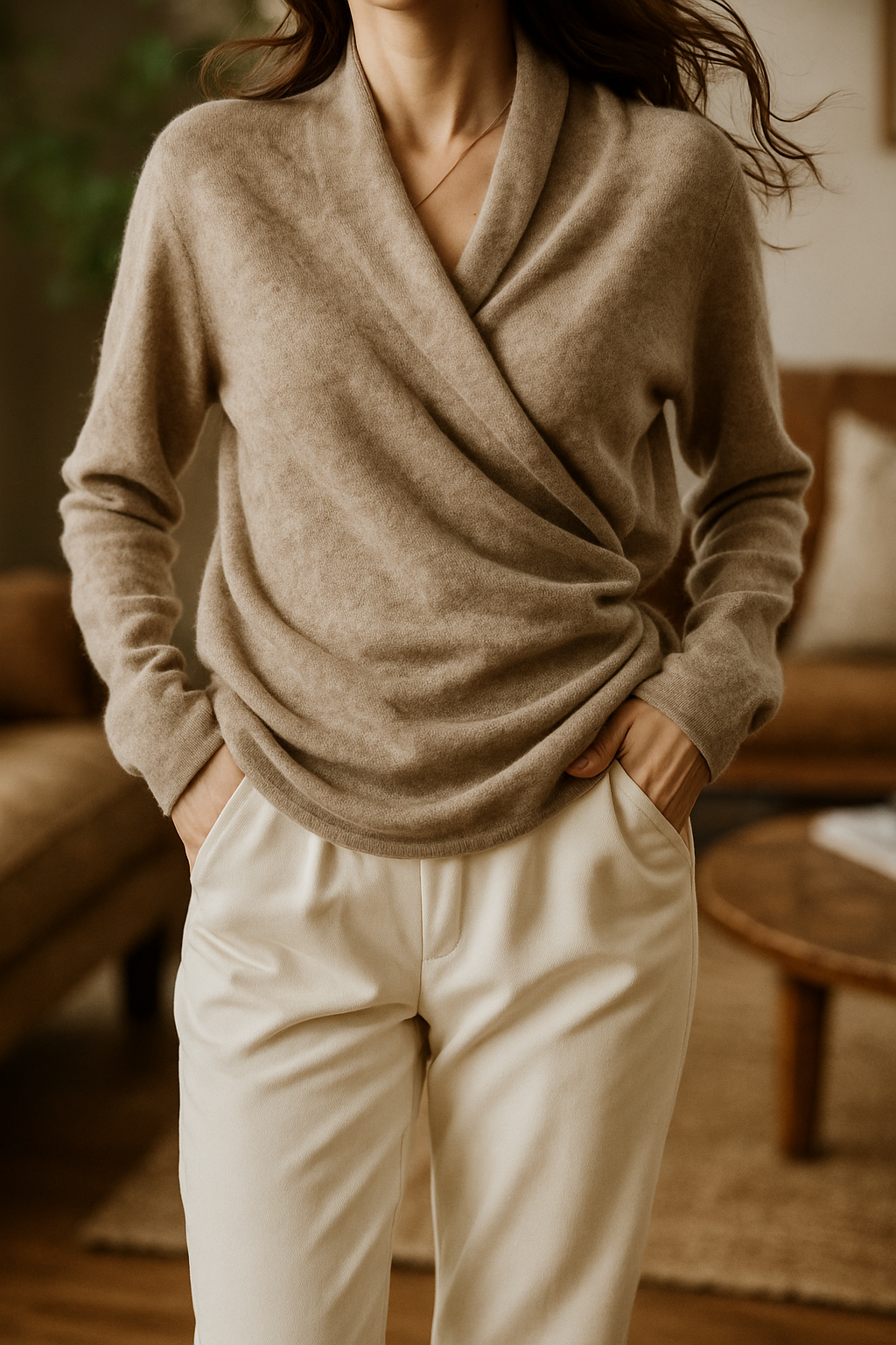 Women's V-Neck Cashmere Knit Sweater with Long Sleeves for Layering