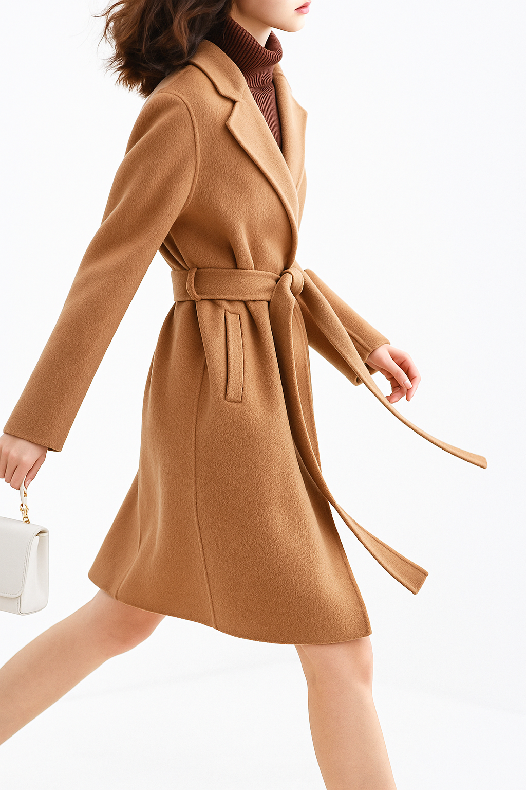 Women's Belted Wool Coat with Cinched Waist and Midi-Length Design