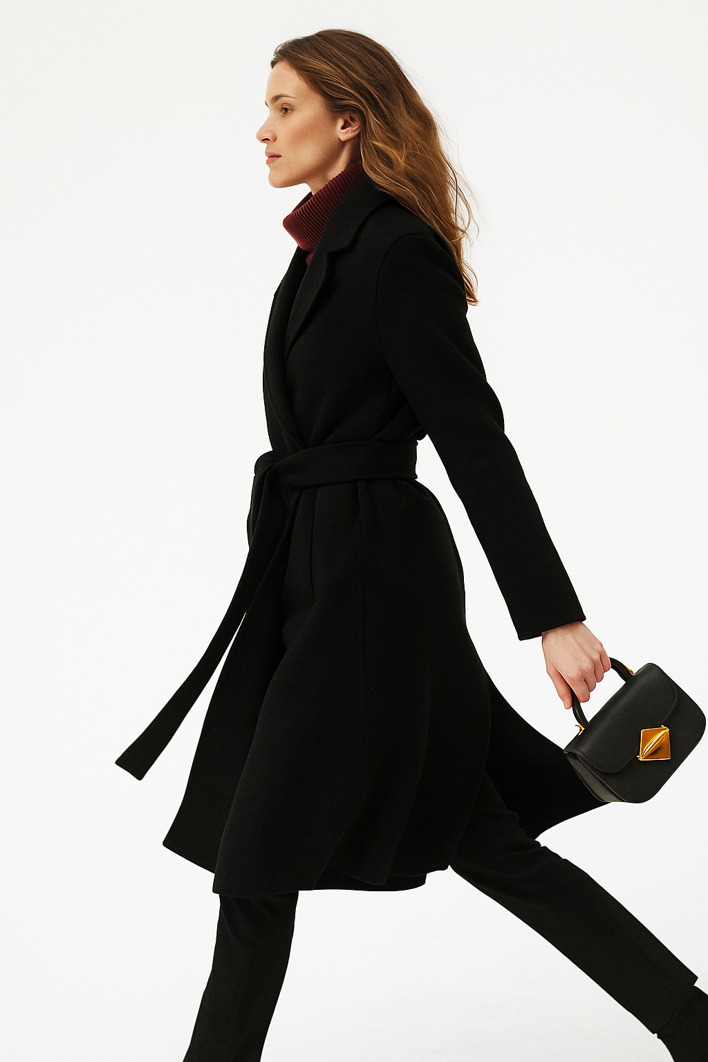 Women's Belted Wool Coat with Cinched Waist and Midi-Length Design