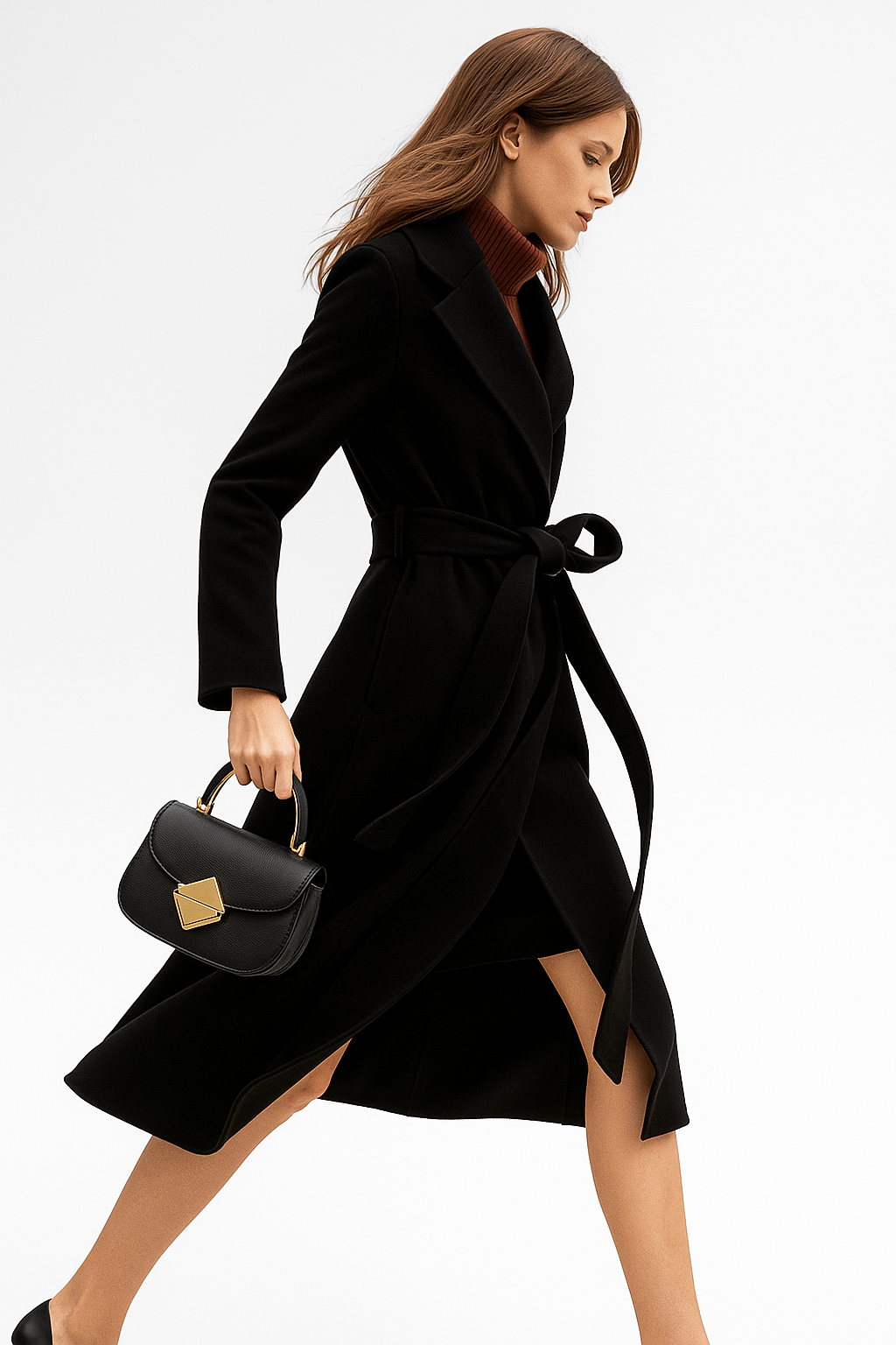 Women's Belted Wool Coat with Cinched Waist and Midi-Length Design