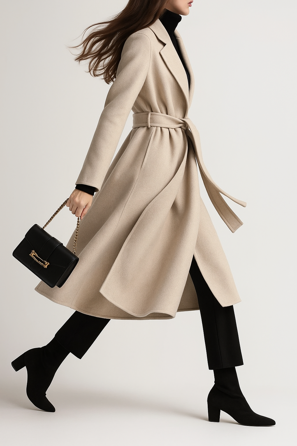Women's Belted Wool Coat with Cinched Waist and Midi-Length Design
