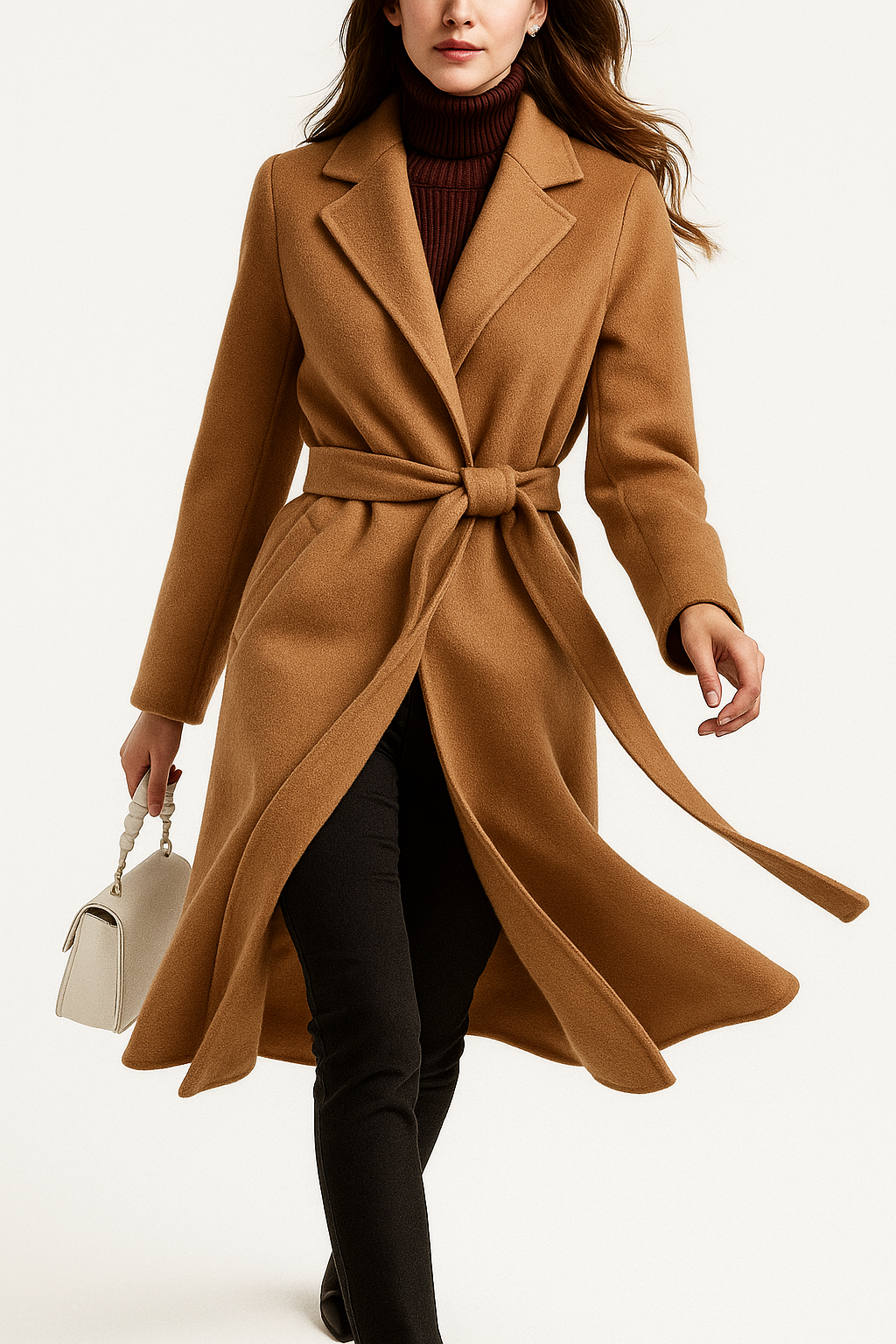 Women's Belted Wool Coat with Cinched Waist and Midi-Length Design