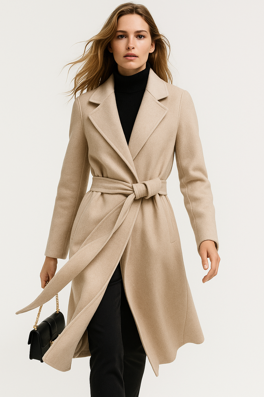 Women's Belted Wool Coat with Cinched Waist and Midi-Length Design