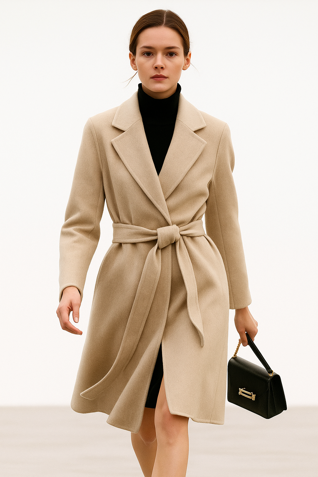 Women's Belted Wool Coat with Cinched Waist and Midi-Length Design