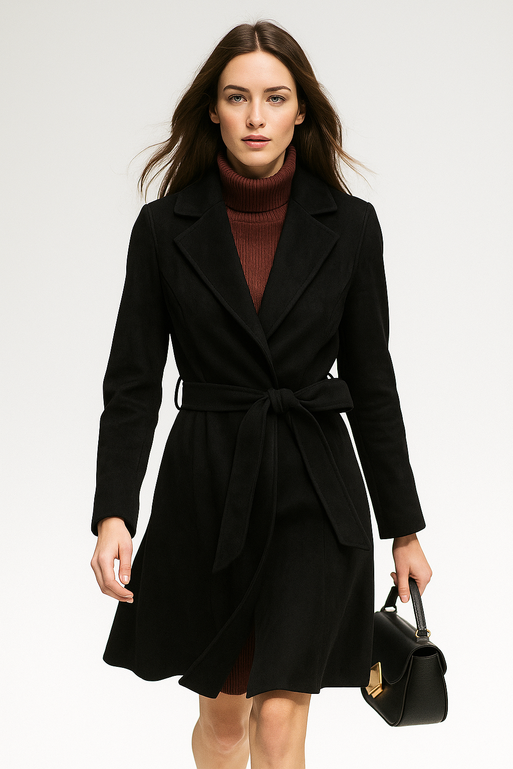 Women's Belted Wool Coat with Cinched Waist and Midi-Length Design