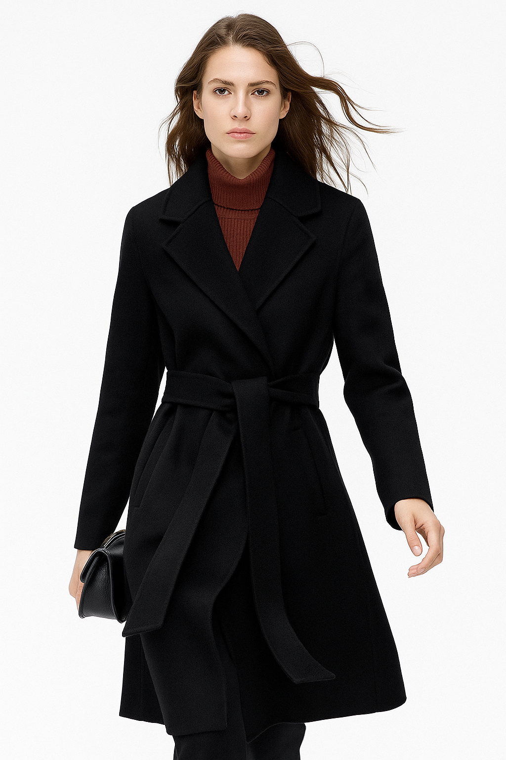 Women's Belted Wool Coat with Cinched Waist and Midi-Length Design