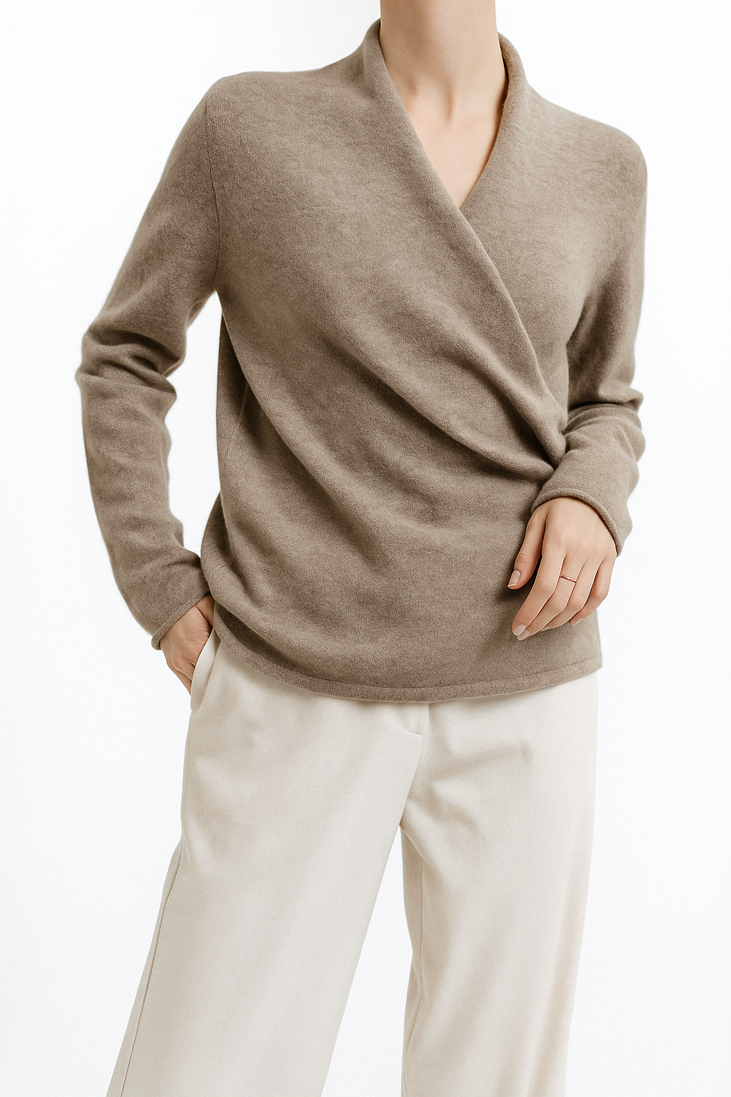 Women's V-Neck Cashmere Knit Sweater with Long Sleeves for Layering