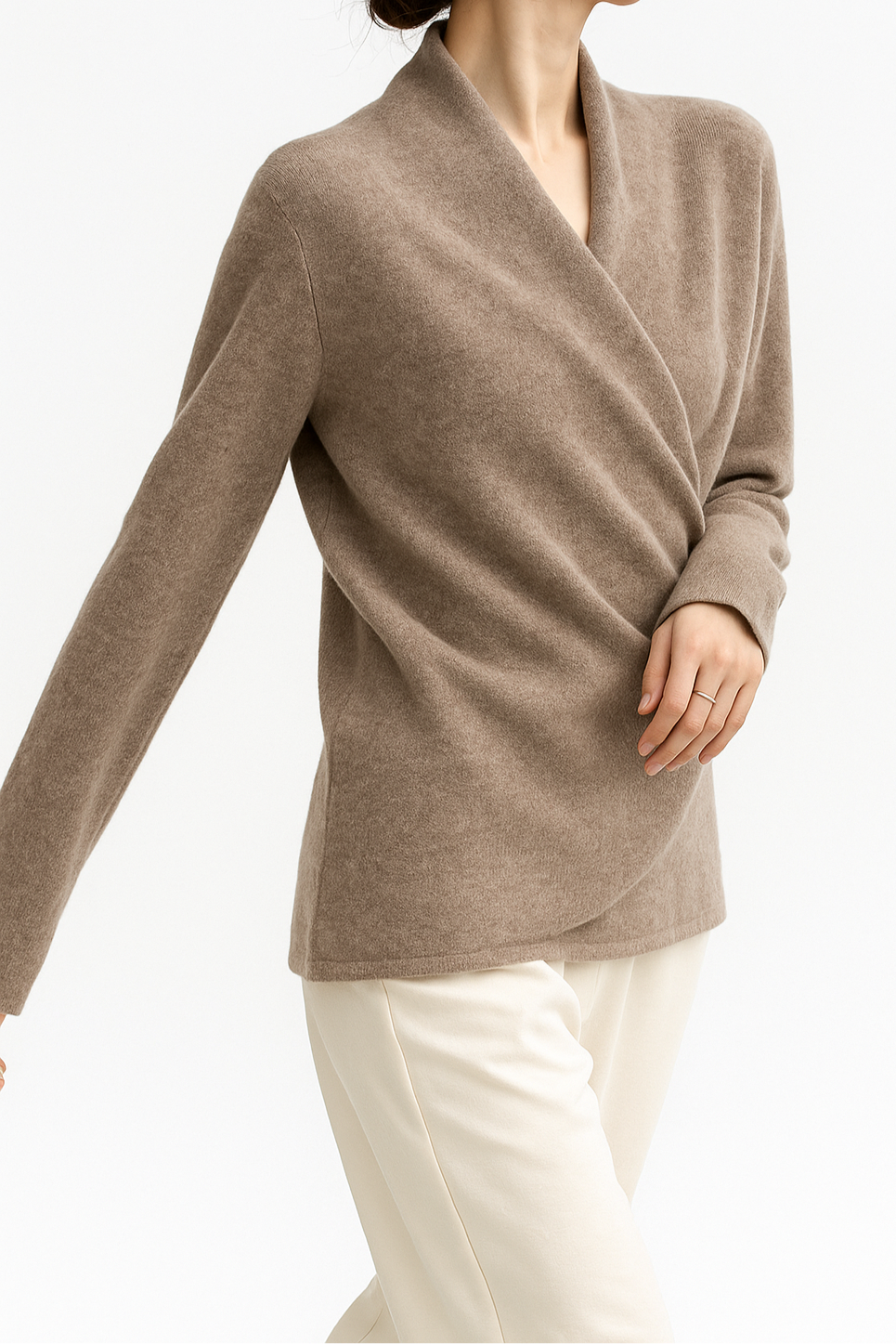 Women's V-Neck Cashmere Knit Sweater with Long Sleeves for Layering