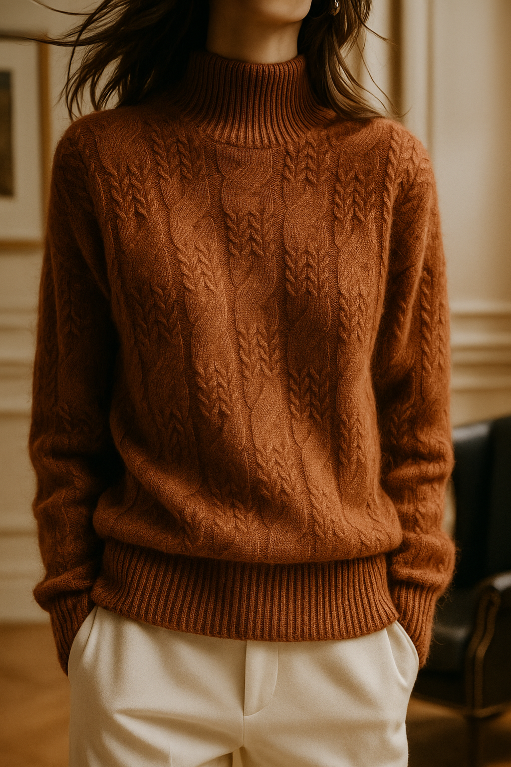 Women's Cable Knit Cashmere Blend Sweater with Half-High Collar