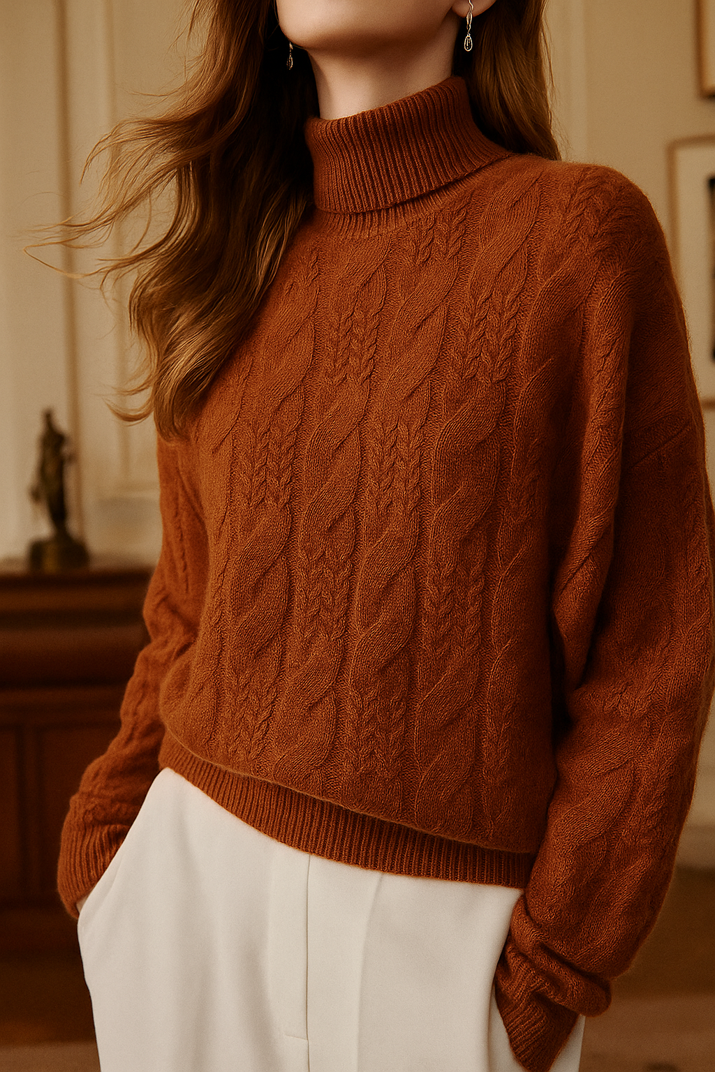 Women's Cable Knit Cashmere Blend Sweater with Half-High Collar