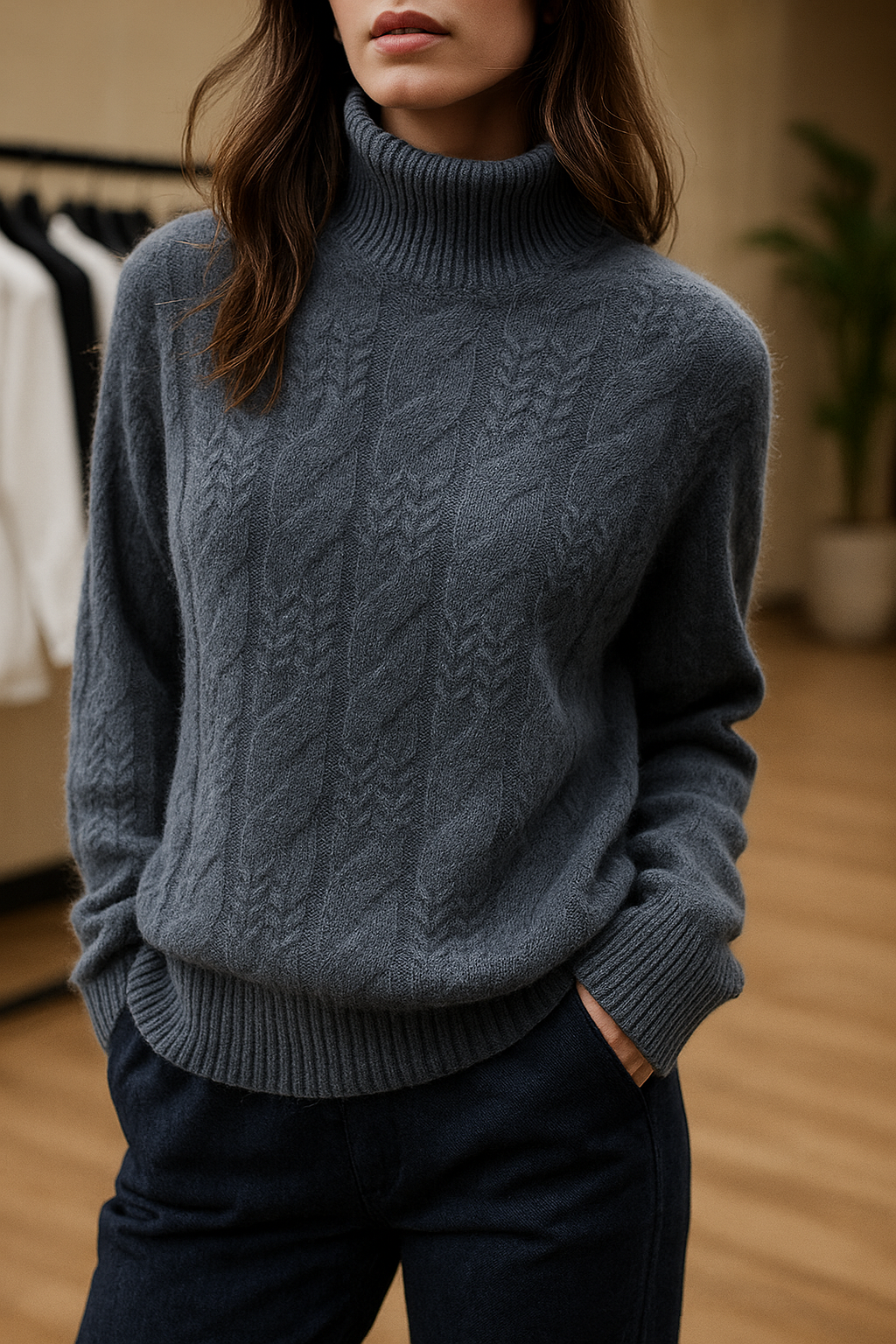 Women's Cable Knit Cashmere Blend Sweater with Half-High Collar