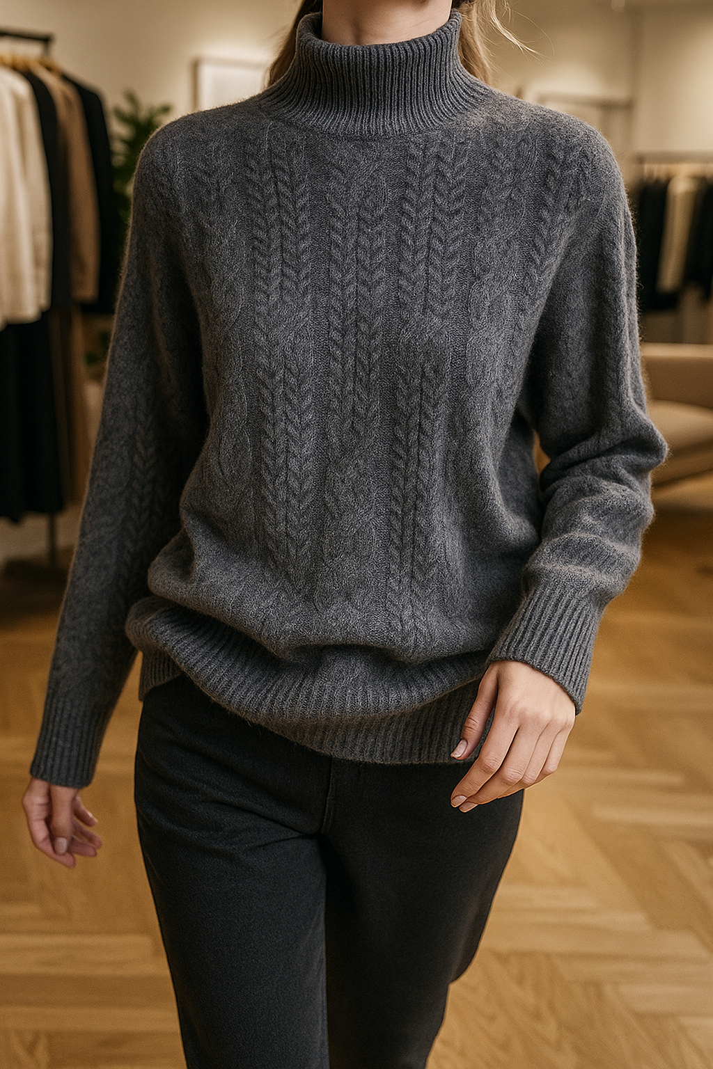 Women's Cable Knit Cashmere Blend Sweater with Half-High Collar