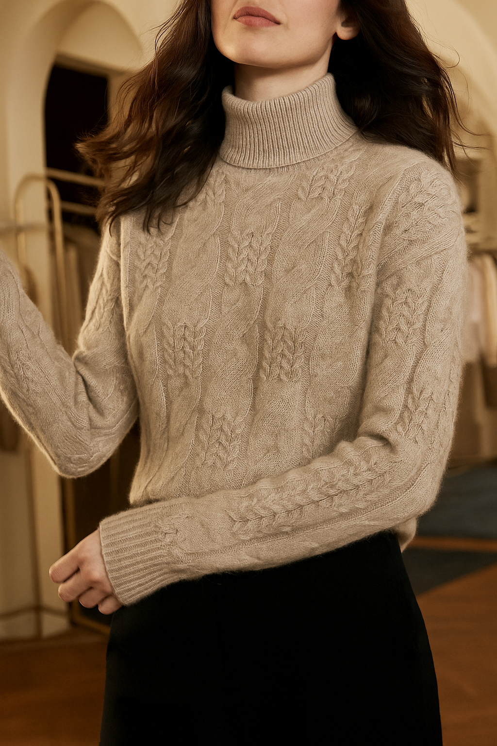 Women's Cable Knit Cashmere Blend Sweater with Half-High Collar