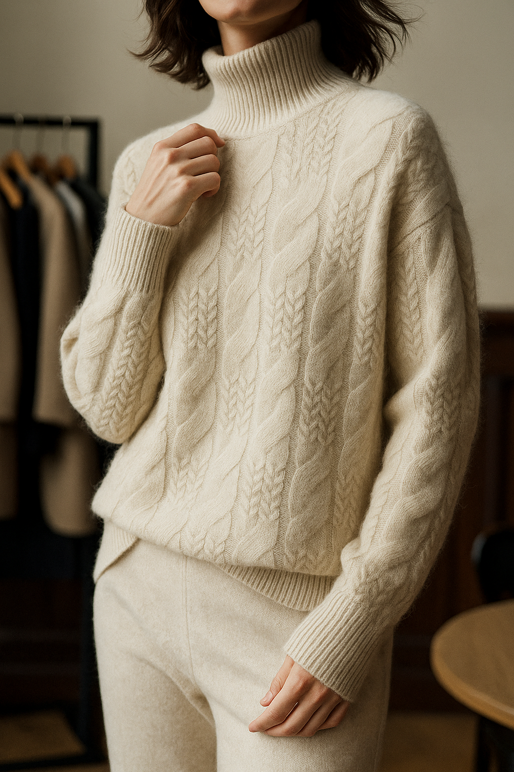Women's Cable Knit Cashmere Blend Sweater with Half-High Collar