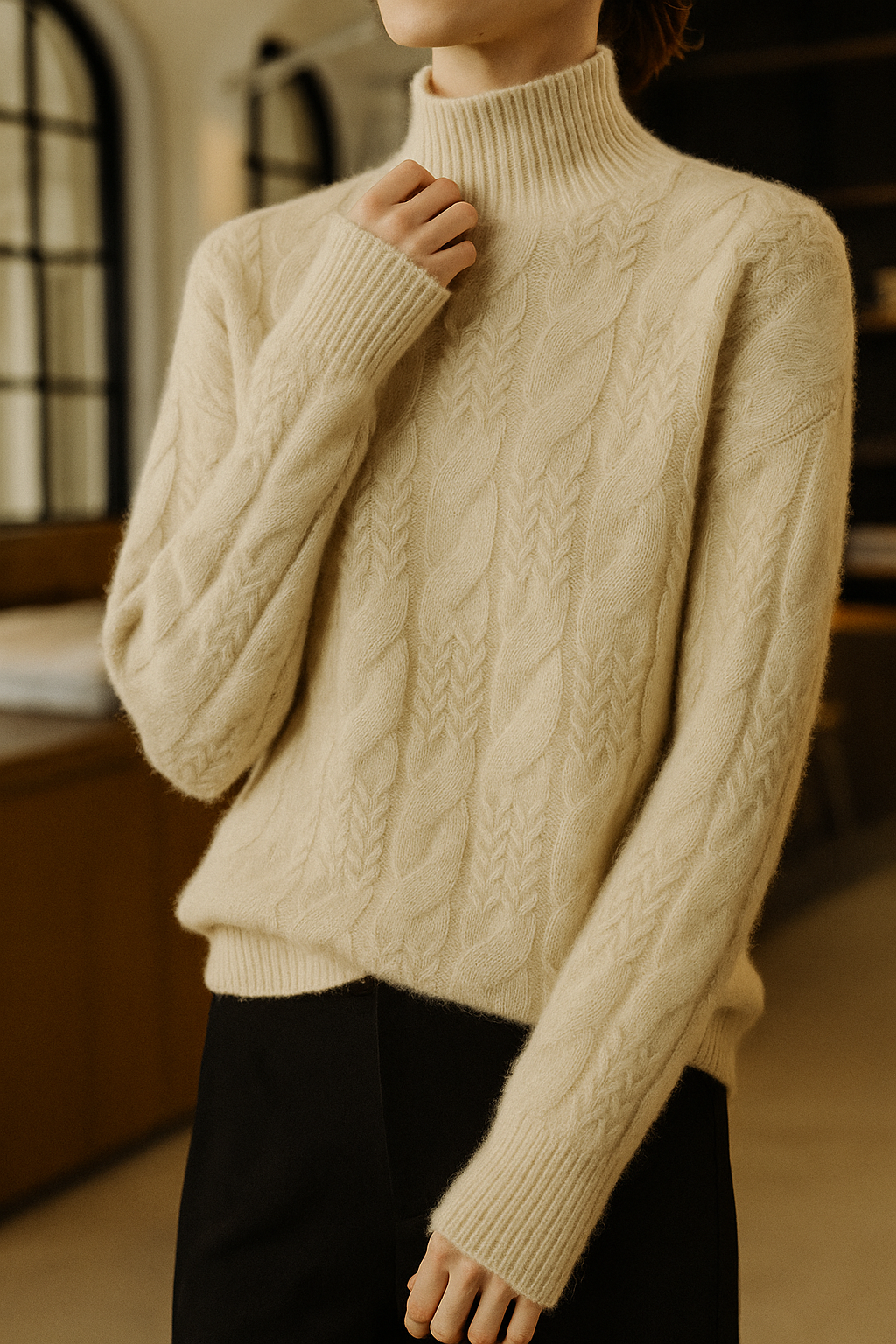 Women's Cable Knit Cashmere Blend Sweater with Half-High Collar