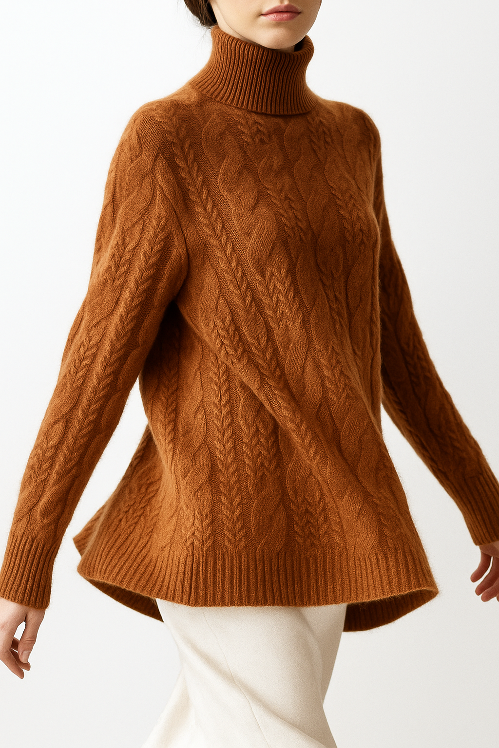 Women's Cable Knit Cashmere Blend Sweater with Half-High Collar