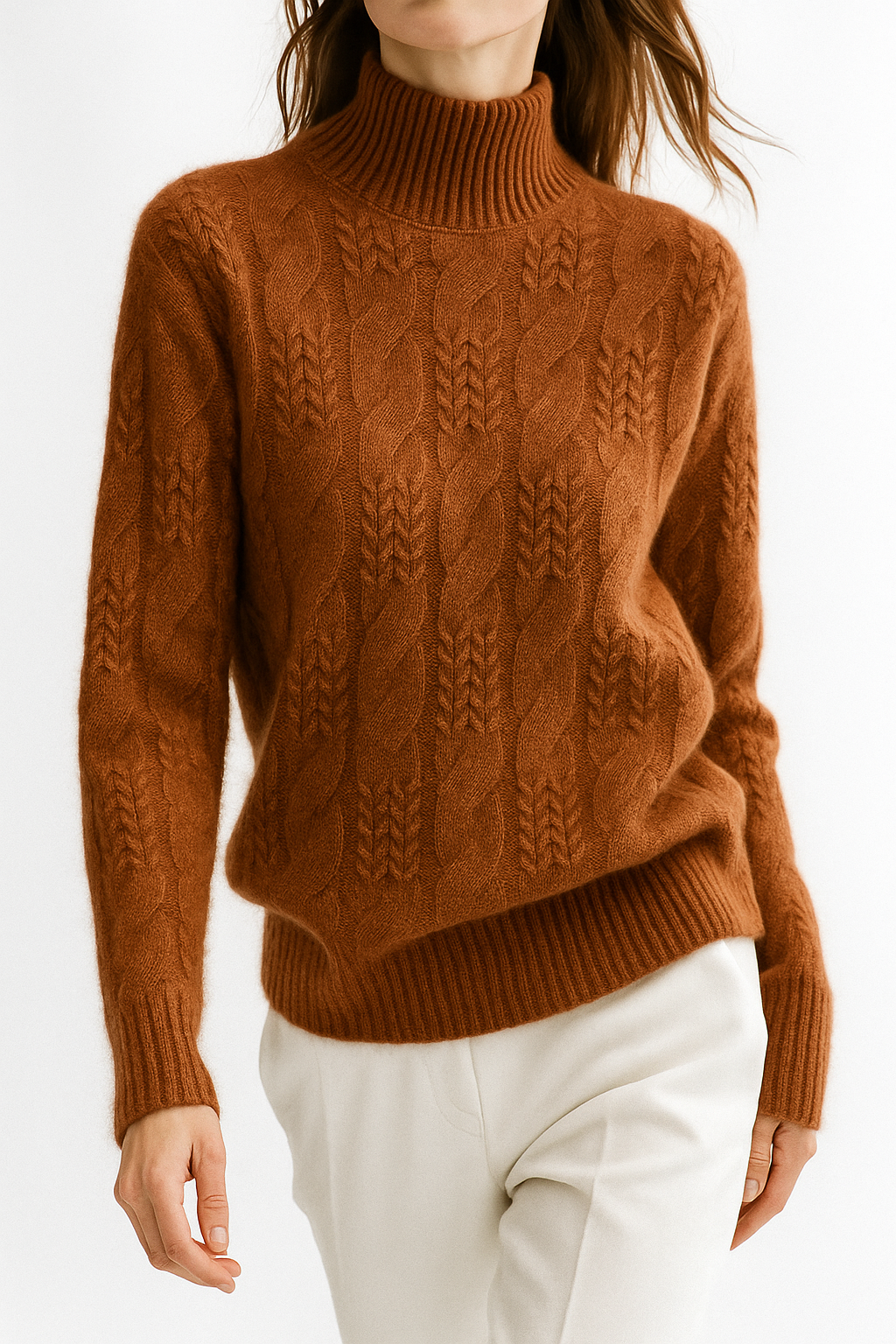 Women's Cable Knit Cashmere Blend Sweater with Half-High Collar
