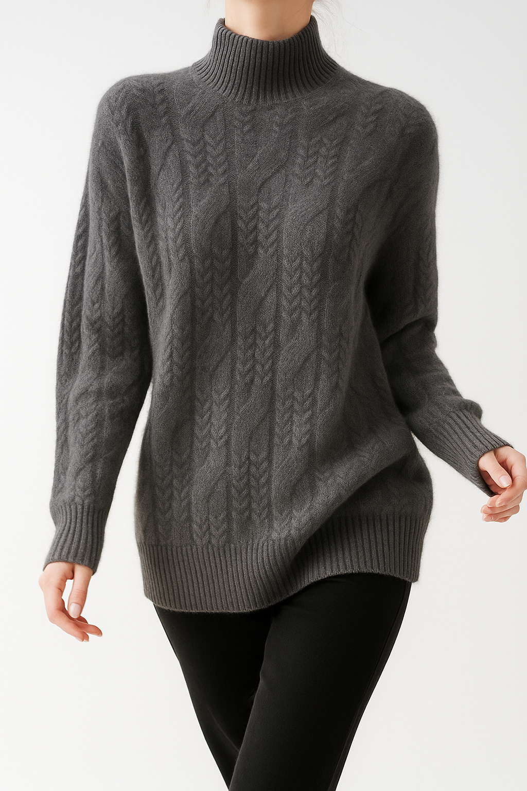 Women's Cable Knit Cashmere Blend Sweater with Half-High Collar