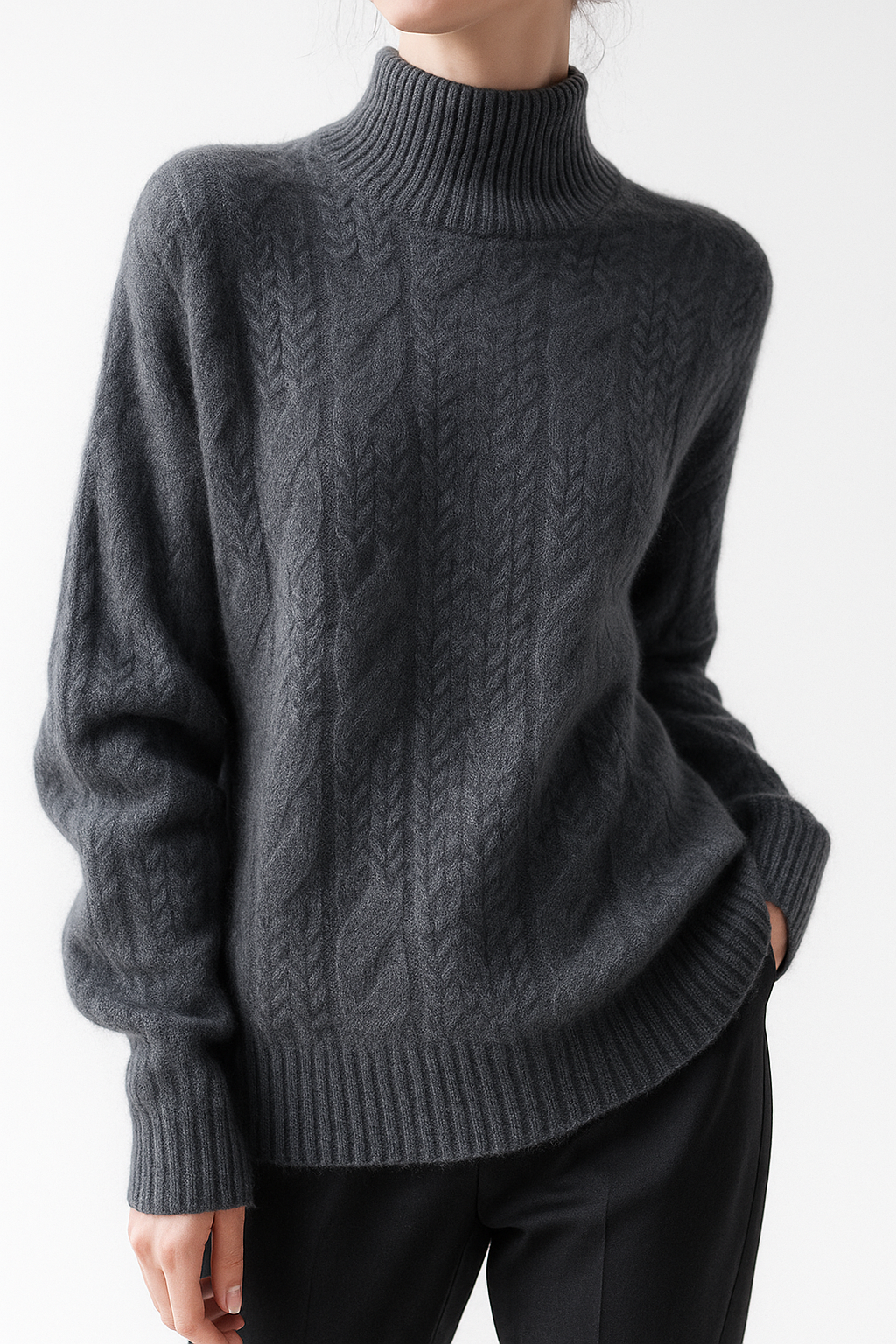 Women's Cable Knit Cashmere Blend Sweater with Half-High Collar