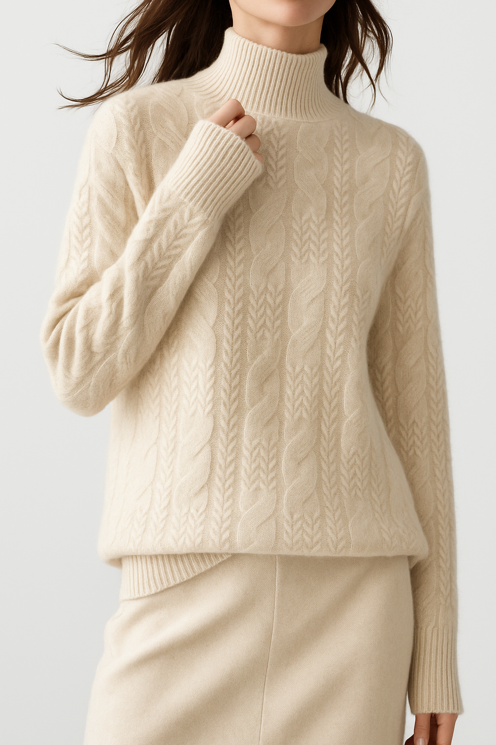 Women's Cable Knit Cashmere Blend Sweater with Half-High Collar