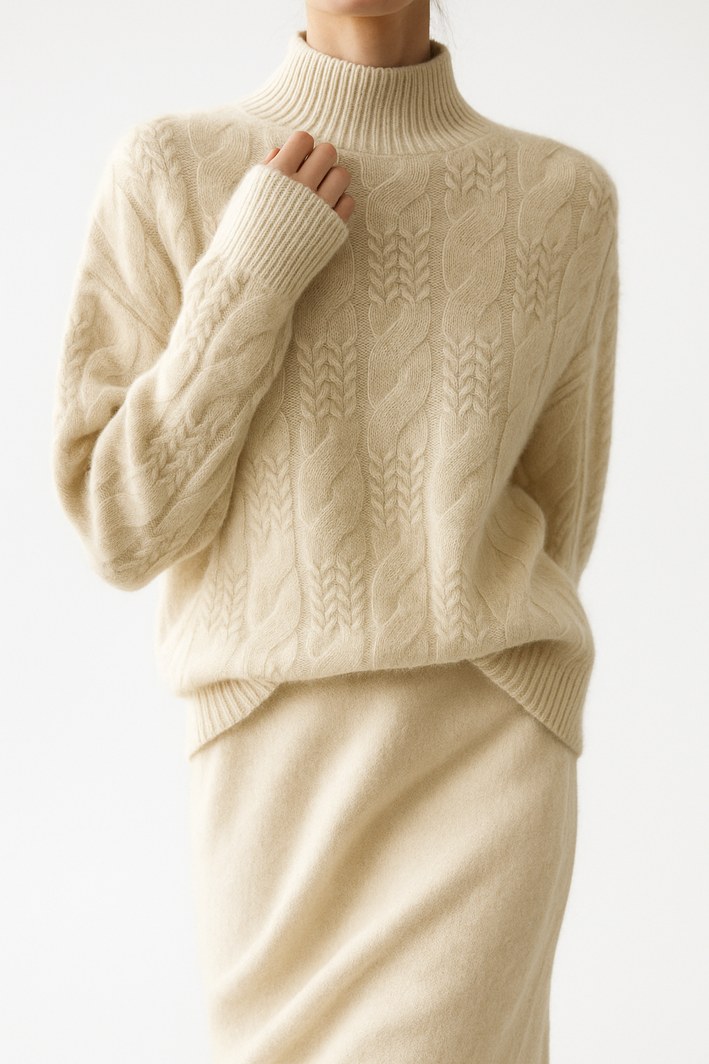 Women's Cable Knit Cashmere Blend Sweater with Half-High Collar