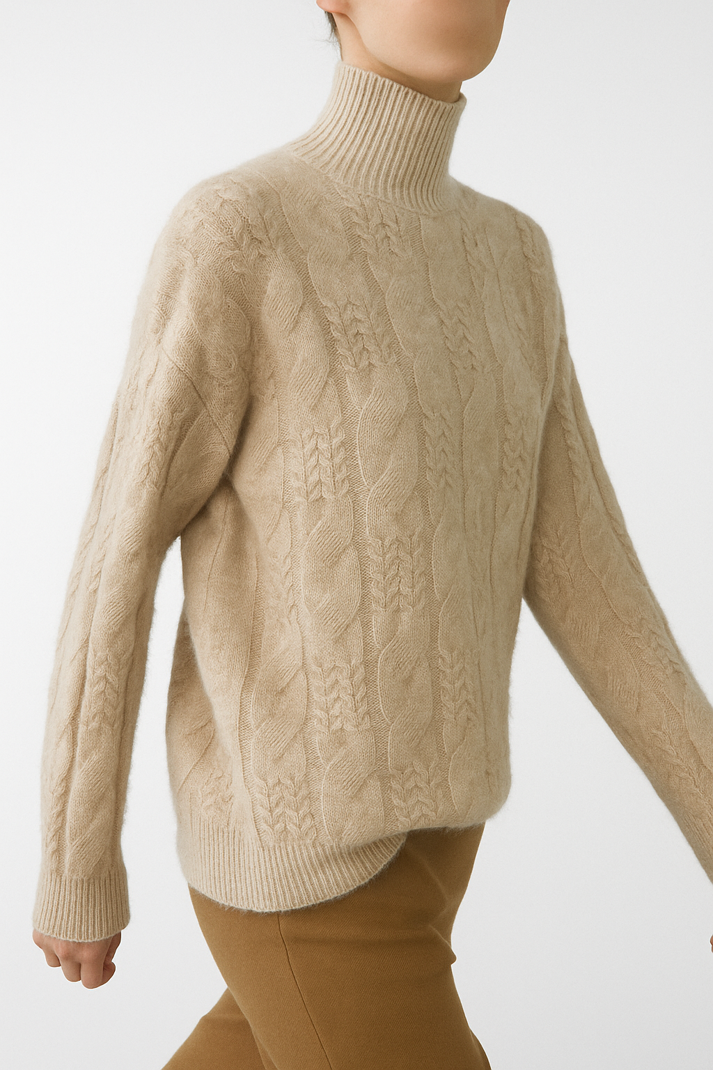 Women's Cable Knit Cashmere Blend Sweater with Half-High Collar