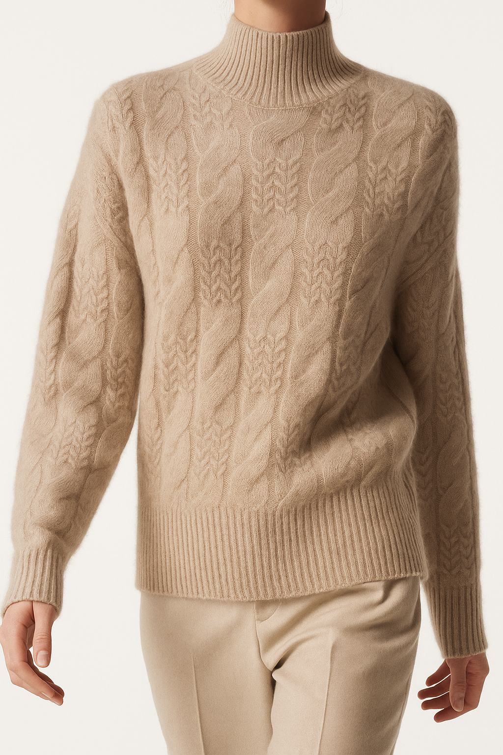 Women's Cable Knit Cashmere Blend Sweater with Half-High Collar