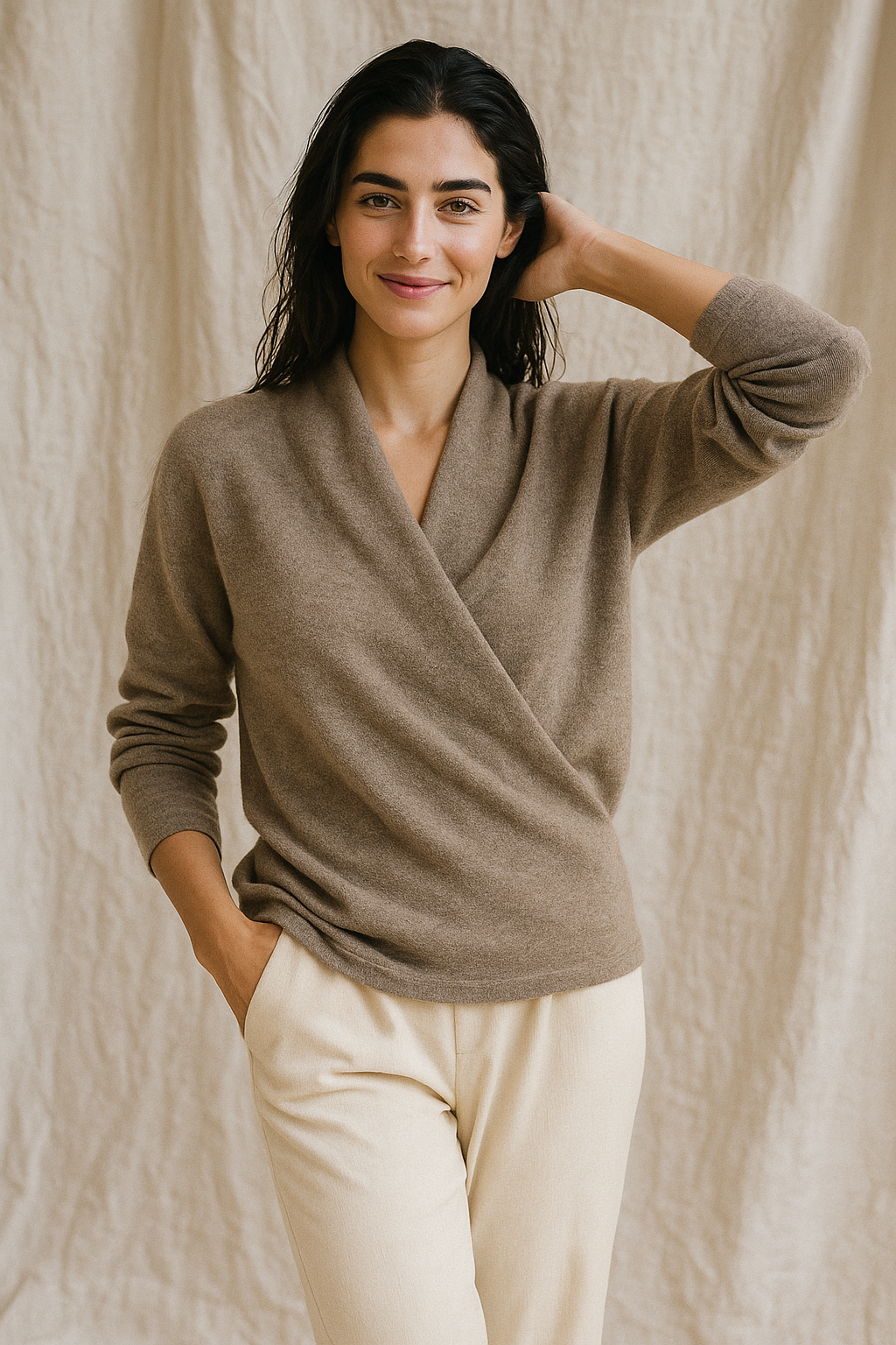 Women's V-Neck Cashmere Knit Sweater with Long Sleeves for Layering