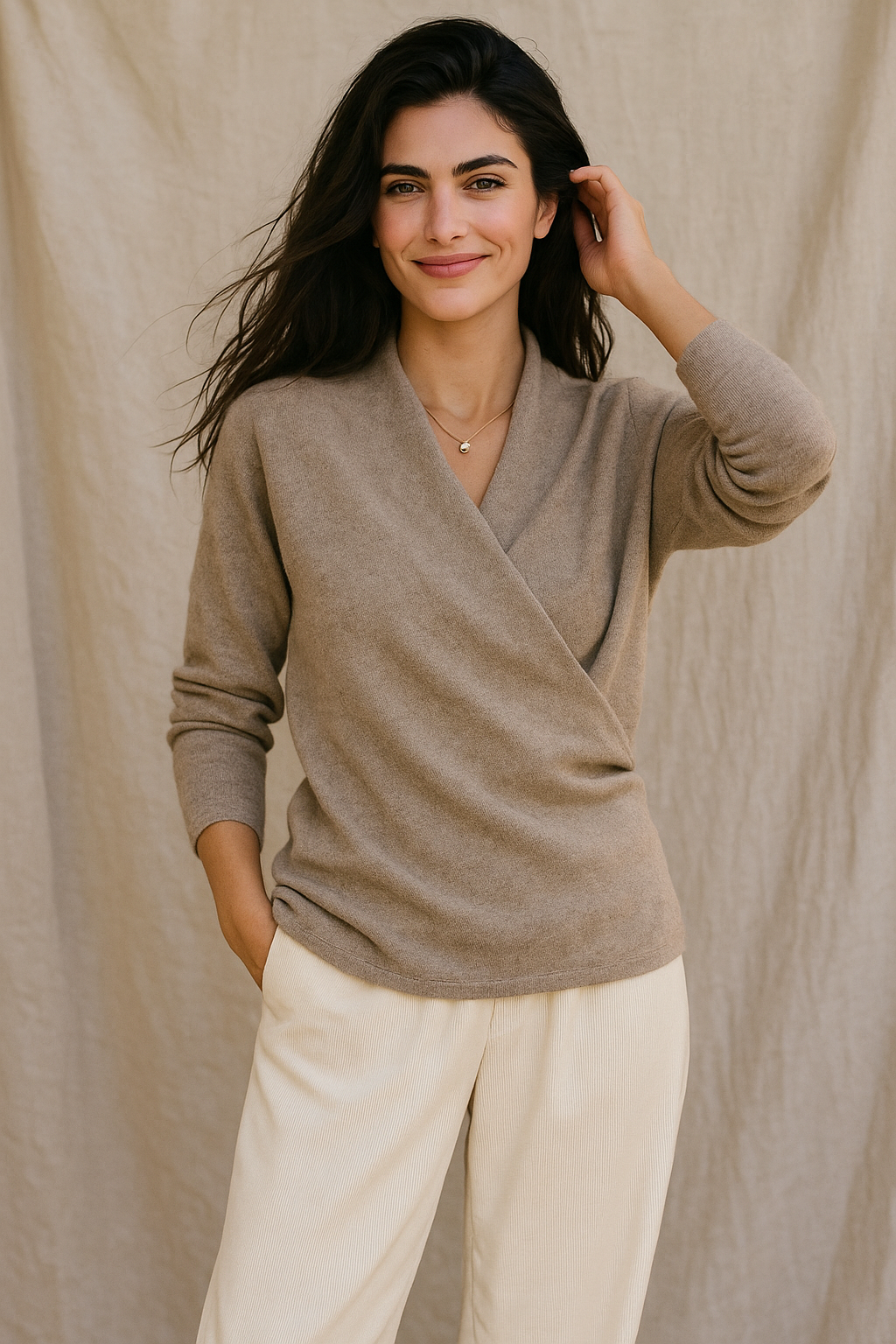 Women's V-Neck Cashmere Knit Sweater with Long Sleeves for Layering