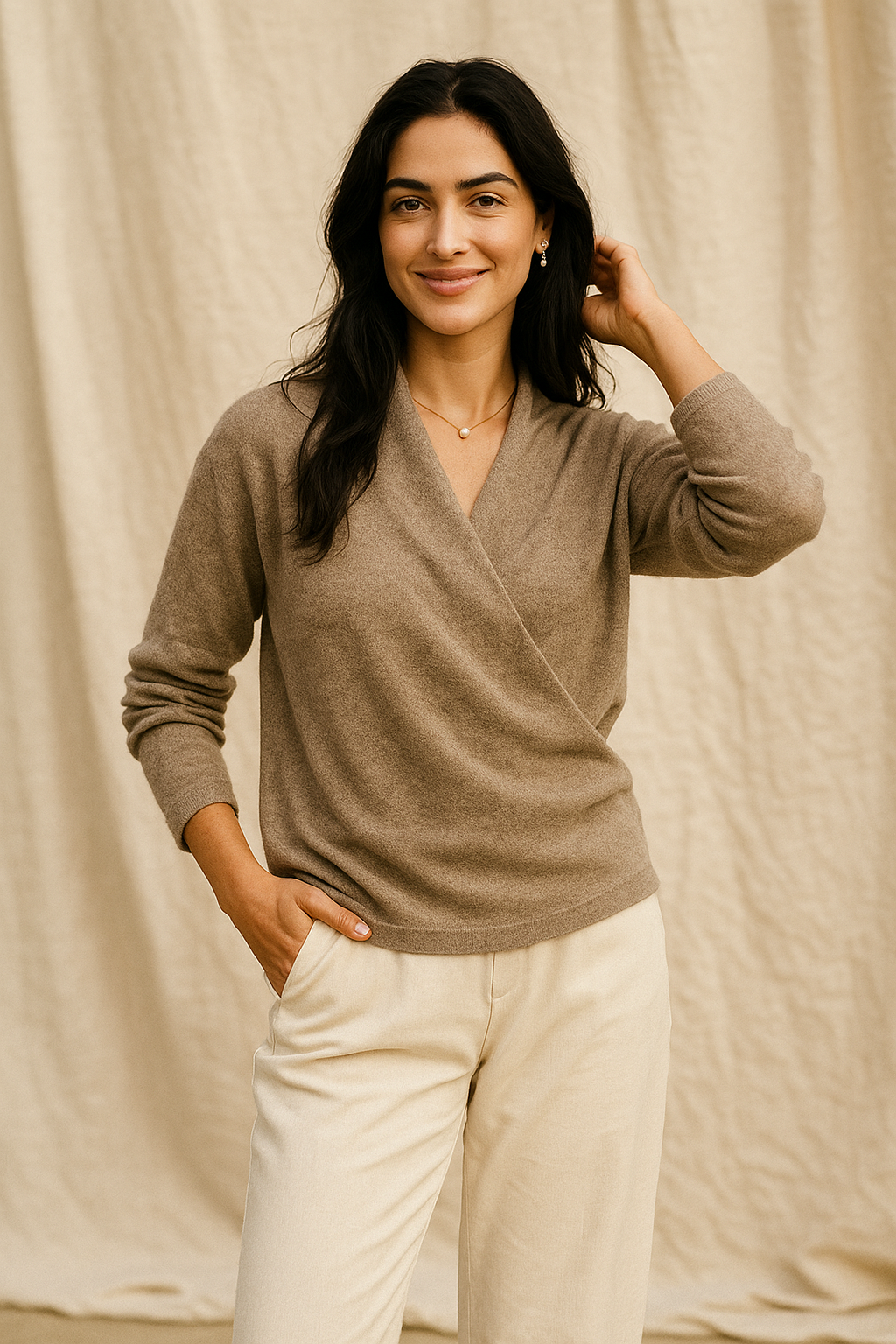 Women's V-Neck Cashmere Knit Sweater with Long Sleeves for Layering