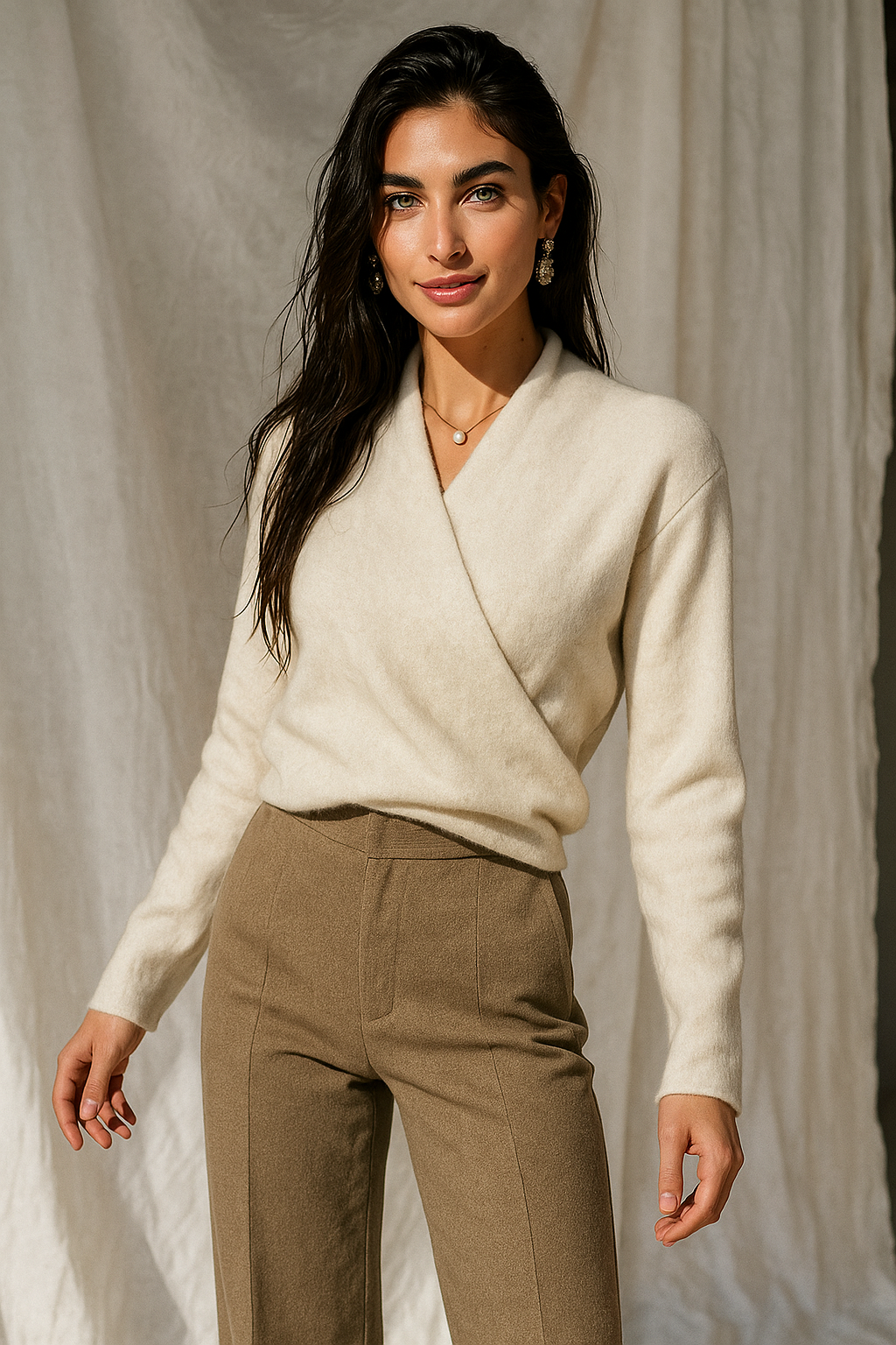 Women's V-Neck Cashmere Knit Sweater with Long Sleeves for Layering