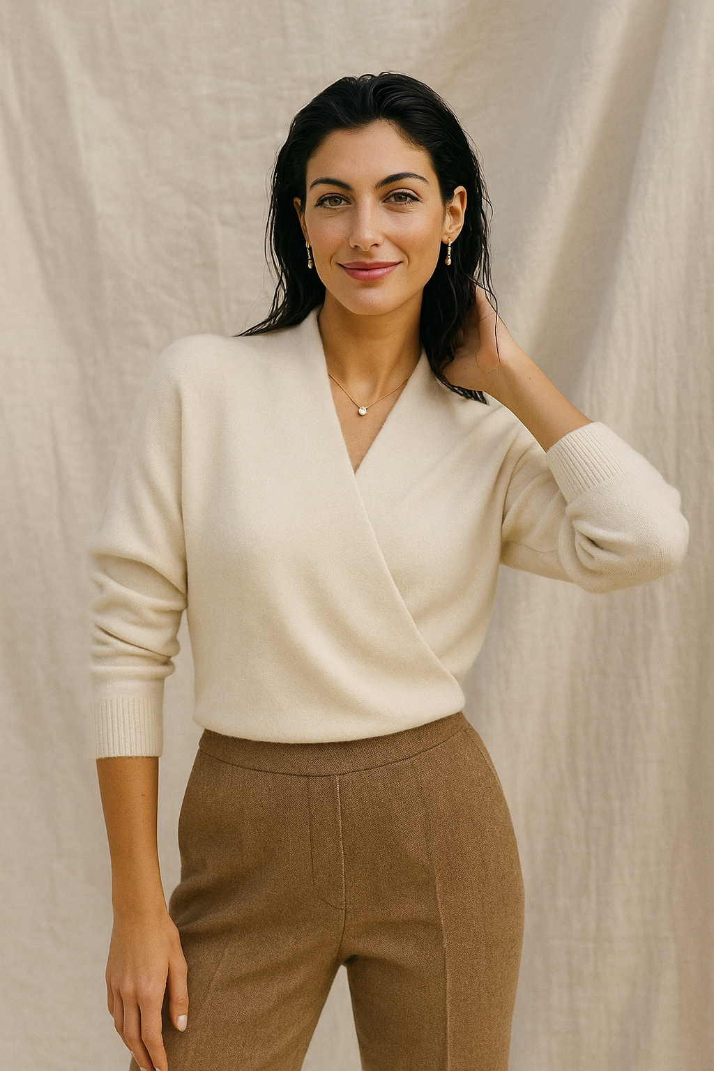 Women's V-Neck Cashmere Knit Sweater with Long Sleeves for Layering