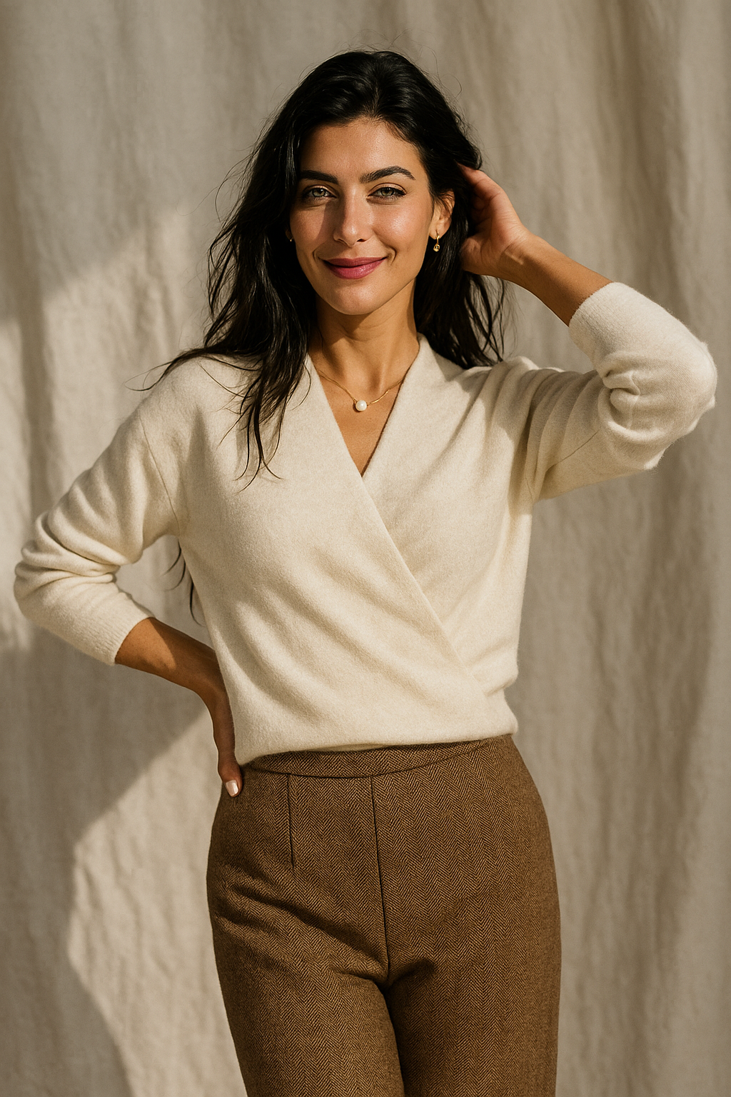 Women's V-Neck Cashmere Knit Sweater with Long Sleeves for Layering