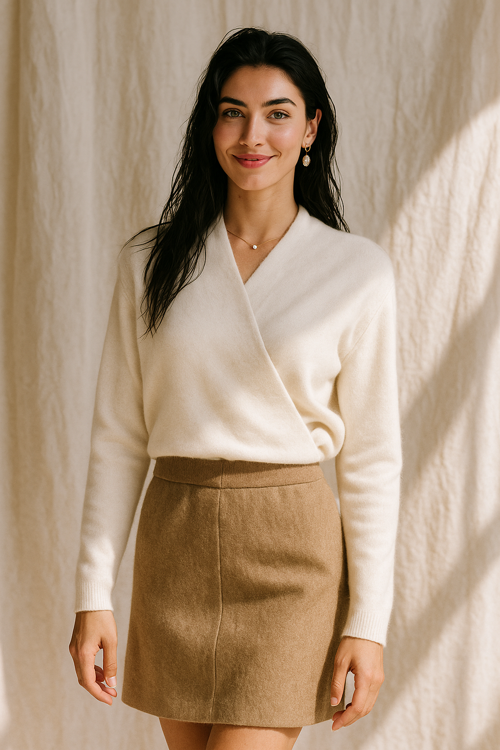 Women's V-Neck Cashmere Knit Sweater with Long Sleeves for Layering