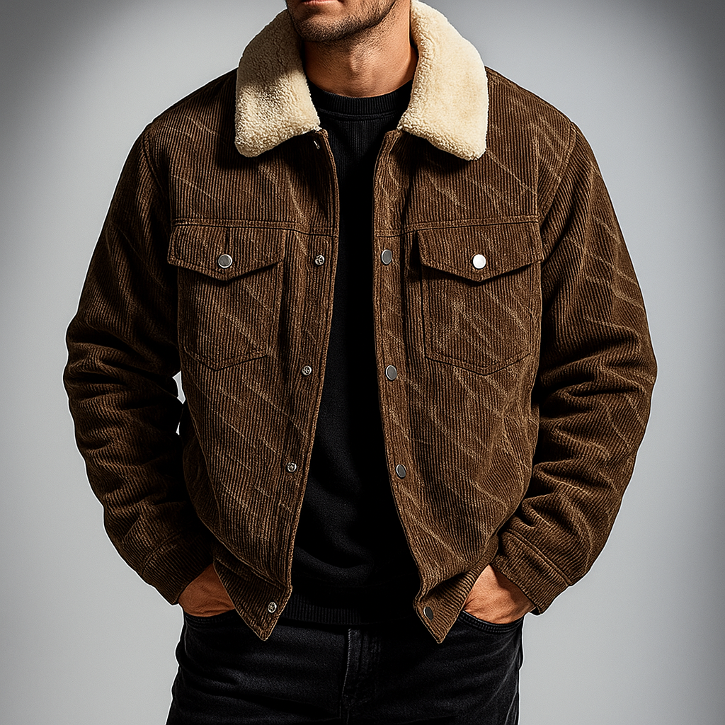 Men's Corduroy Jacket with Fleece Lining Turn Down Collar and Button Front